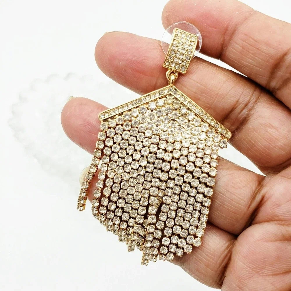 Sparkling Gold Waterfall Earrings • Trendy Pierced Strands of Rhinstones • NEW